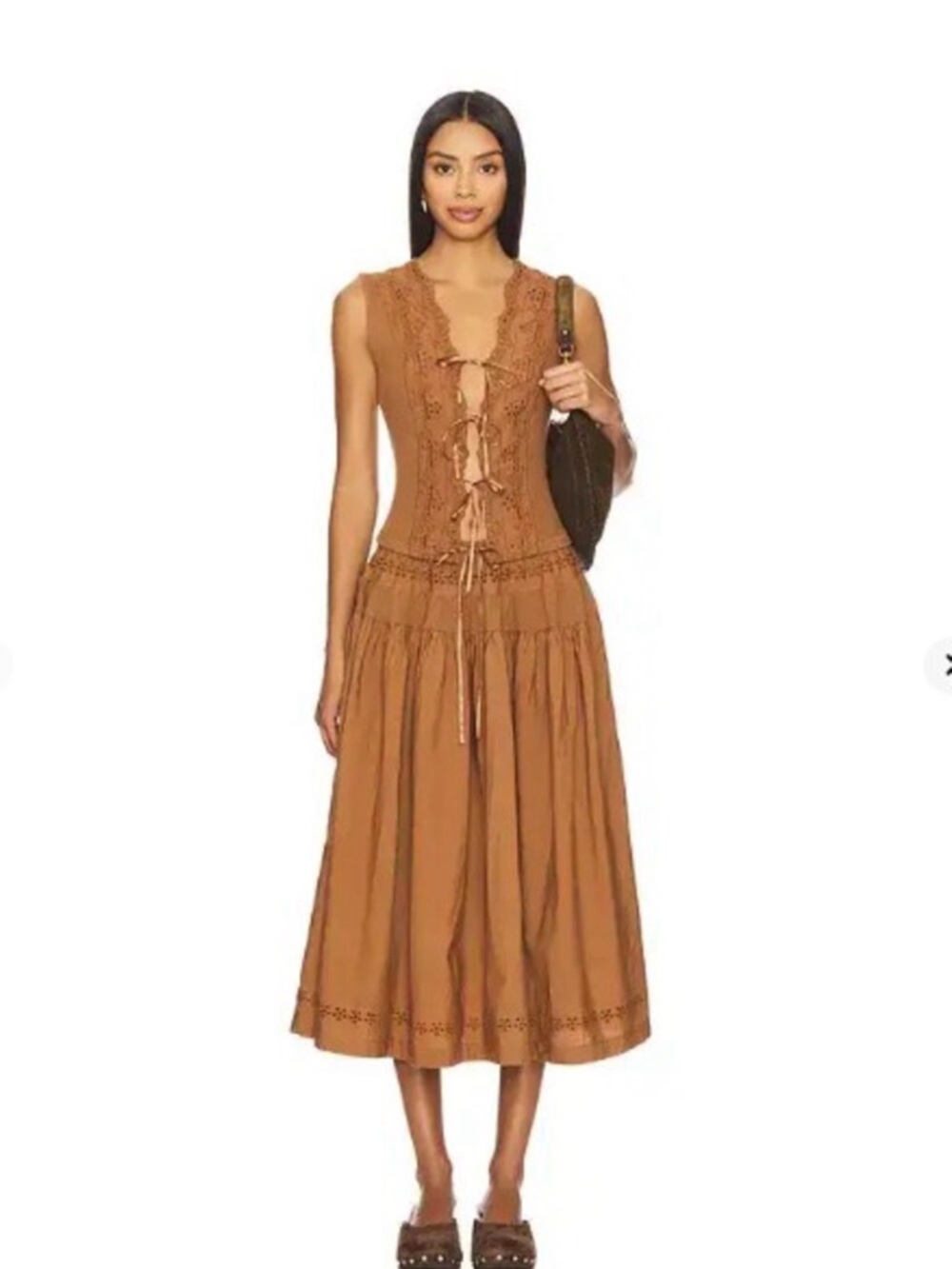 Free People Gesibele Skirt and Top Set w Lace-Up Front - Brown/Macademia